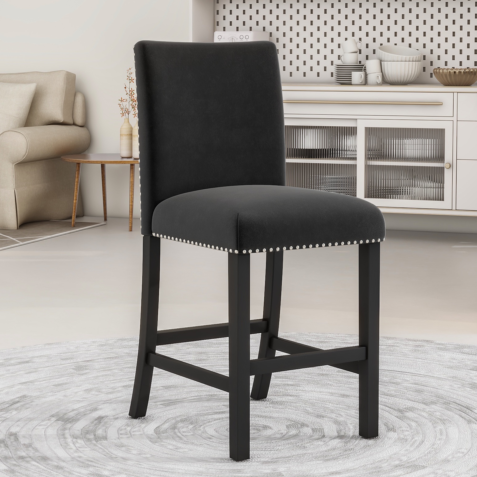 PORKISS Dining Table Set for 4, Dining Room Set with Faux Marble Kitchen Table and Velvet Upholstered Chairs, Counter Height Dining Set, Black