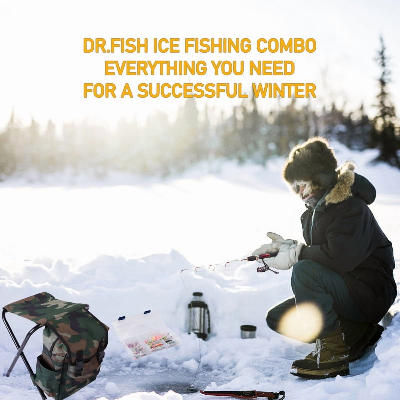 Dr.Fish Ice Fishing Rod and Reel Combo, Ice Fishing Pole Gear Spinning Reel Equipment Set Backpack Chair Jigs Lures Accessories