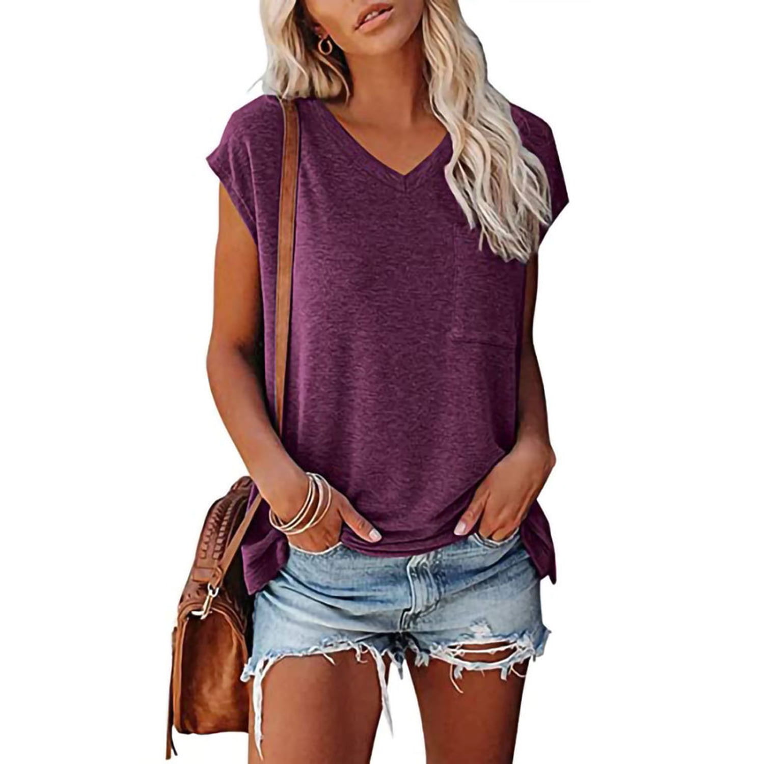Encolax Women Cap Sleeve Tank Tops V Neck Summer Casual T Shirts Purple ...