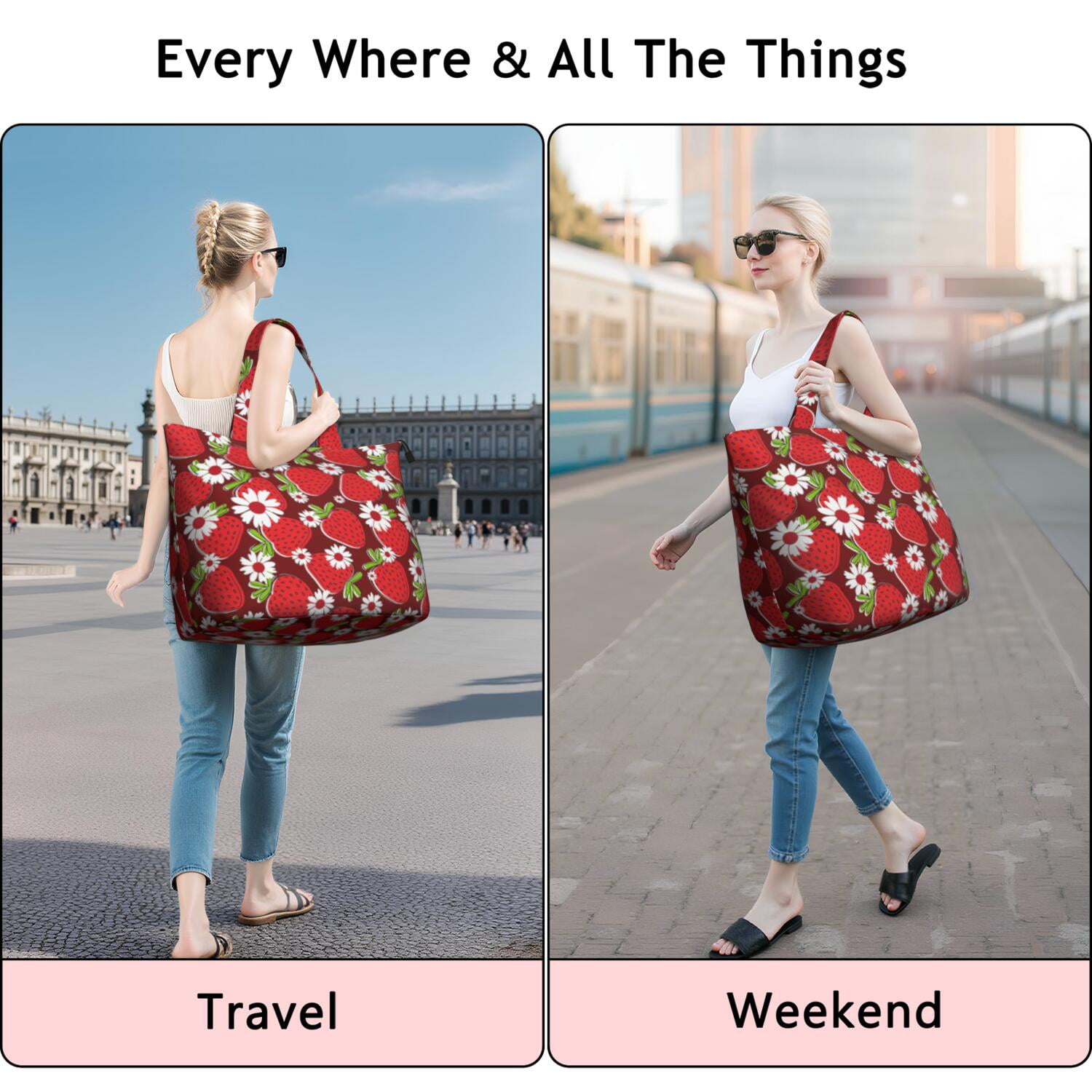 Red Strawberry Plants Fruit Flower Travel Tote Bags for Women Carry On,Large Weekender Bags for Women Travel,Multi Functional Duffle Bag for Work,Shopping,Sports
