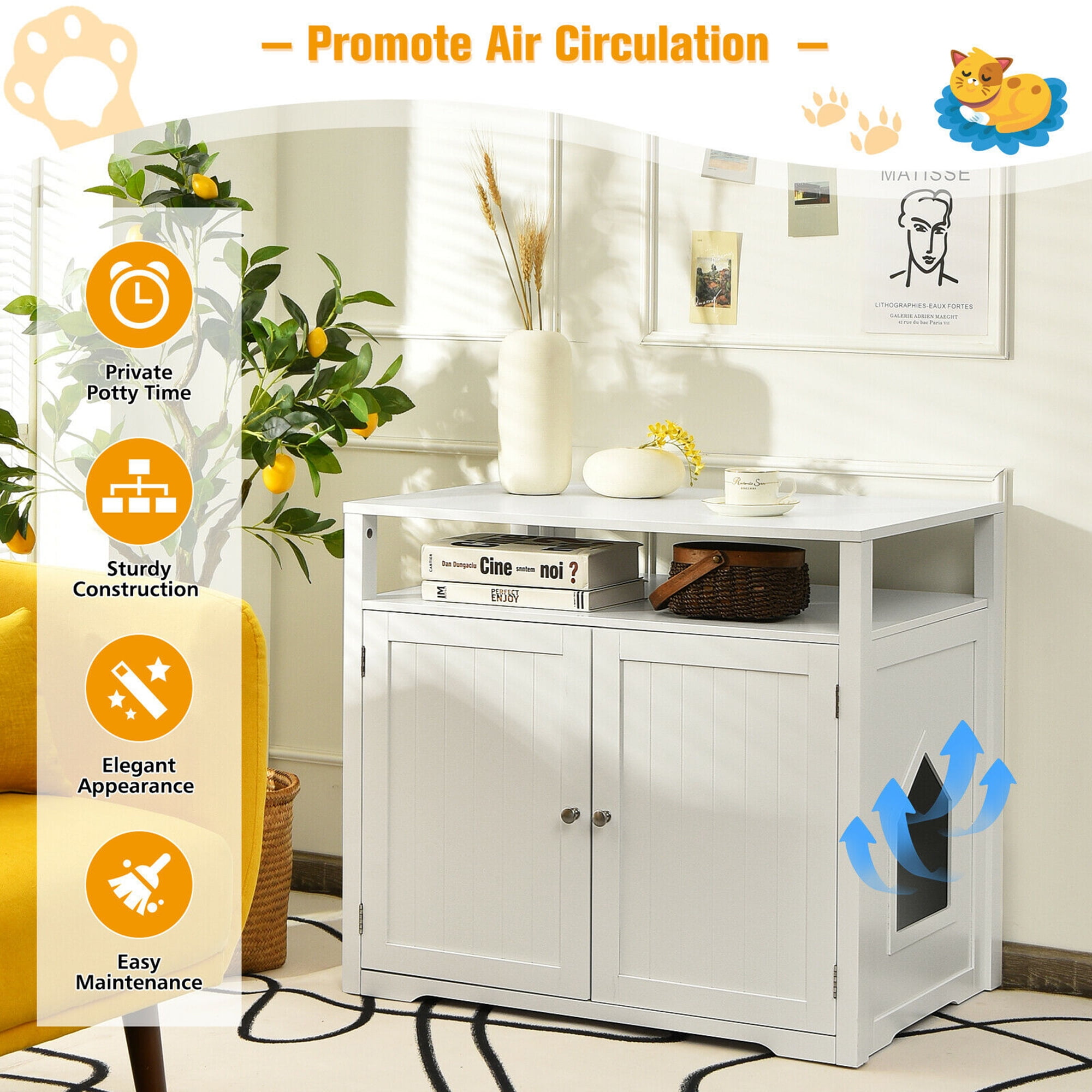 Gymax Wooden Cat Litter Box Enclosure with Storage Layer, White