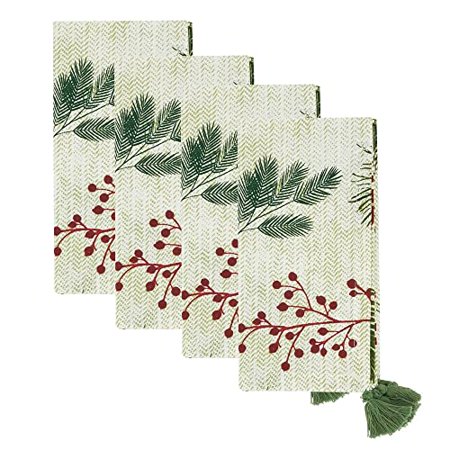 

Fennco Styles Pine Needle & Red Berry Cotton Christmas Cloth Napkins with Tassel 18 W x 18 L Set of 4 - Red & Green Festive Dinner Napkins for Home Winter Holiday Décor Banquets and Special Events