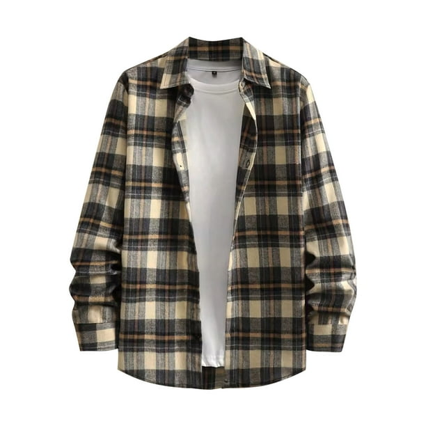 Blusa y camisa de manga larga con cuello vuelto para hombre, informal, con botones y bolsillos, camisa de manga larga a cuadros, abrigo de lino para hombre