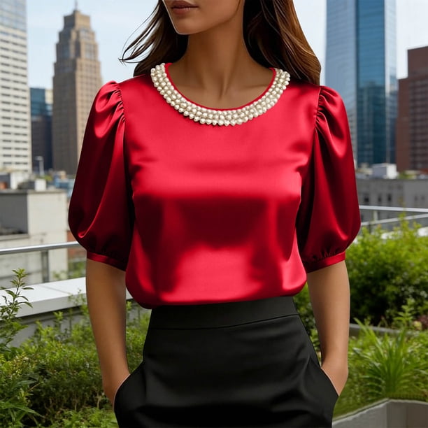 TaTaai Summer Fashion Solid Women's Round Neck Short Sleeve Top, Pearl Embellished Professional Style, Soft Lightweight for Office Daily Party Wear Gift