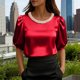thumbnail image 1 of TaTaai Summer Fashion Solid Women's Round Neck Short Sleeve Top, Pearl Embellished Professional Style, Soft Lightweight for Office Daily Party Wear Gift, 1 of 5