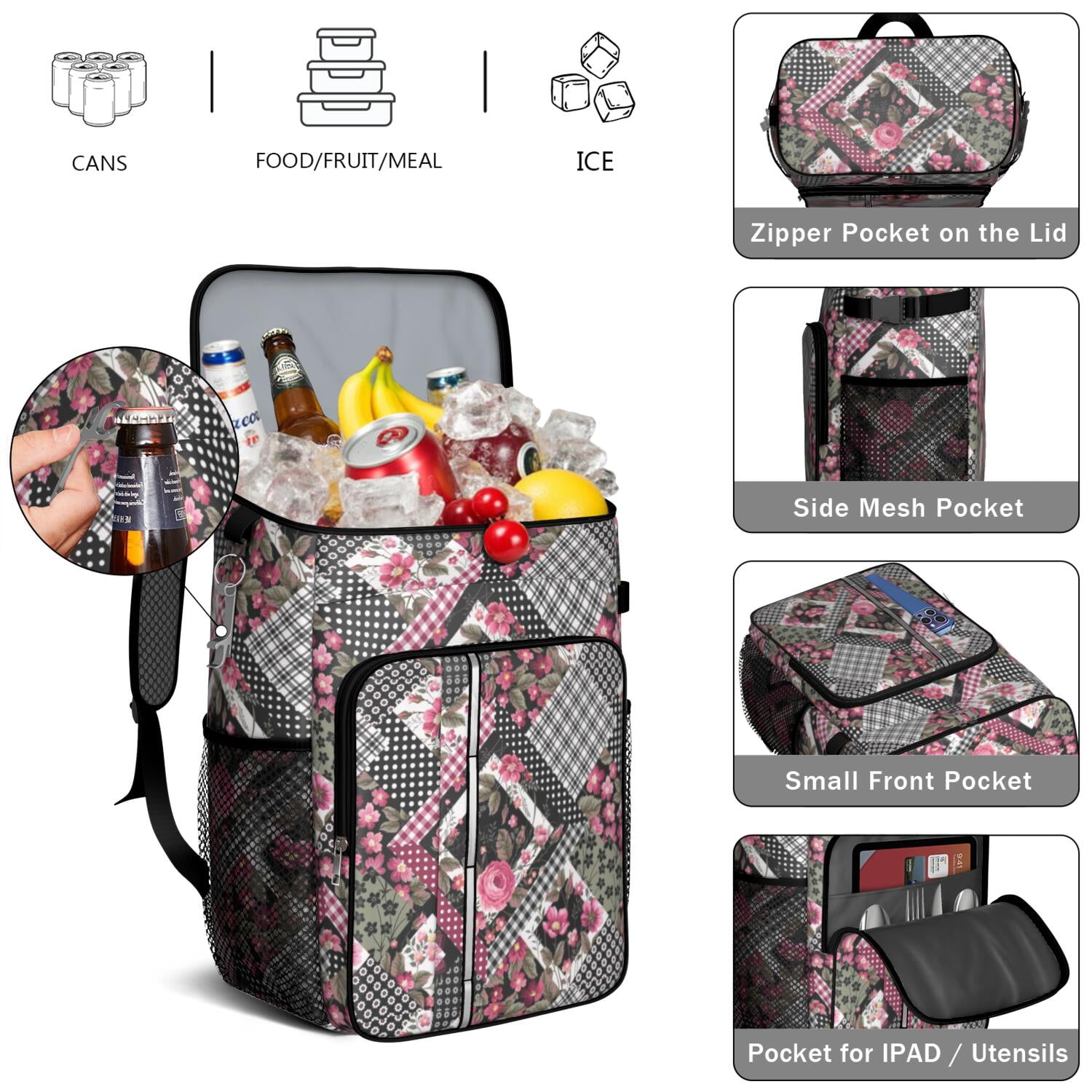 Travel Cooler Bag - Pioneer Flower Camping Beer Cooler Backpack with Bottle Opener- Waterproof Insulated Picnic Backpacks - Cooler Bag for Beach