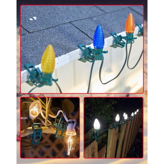 EISRUNGF- C7 C9 Christmas Light Clips Outdoor, 100 Count Universal Quick Christmas Light Spring Clips for Outside Roof Gutter Shingle Fence E12 E17 Base