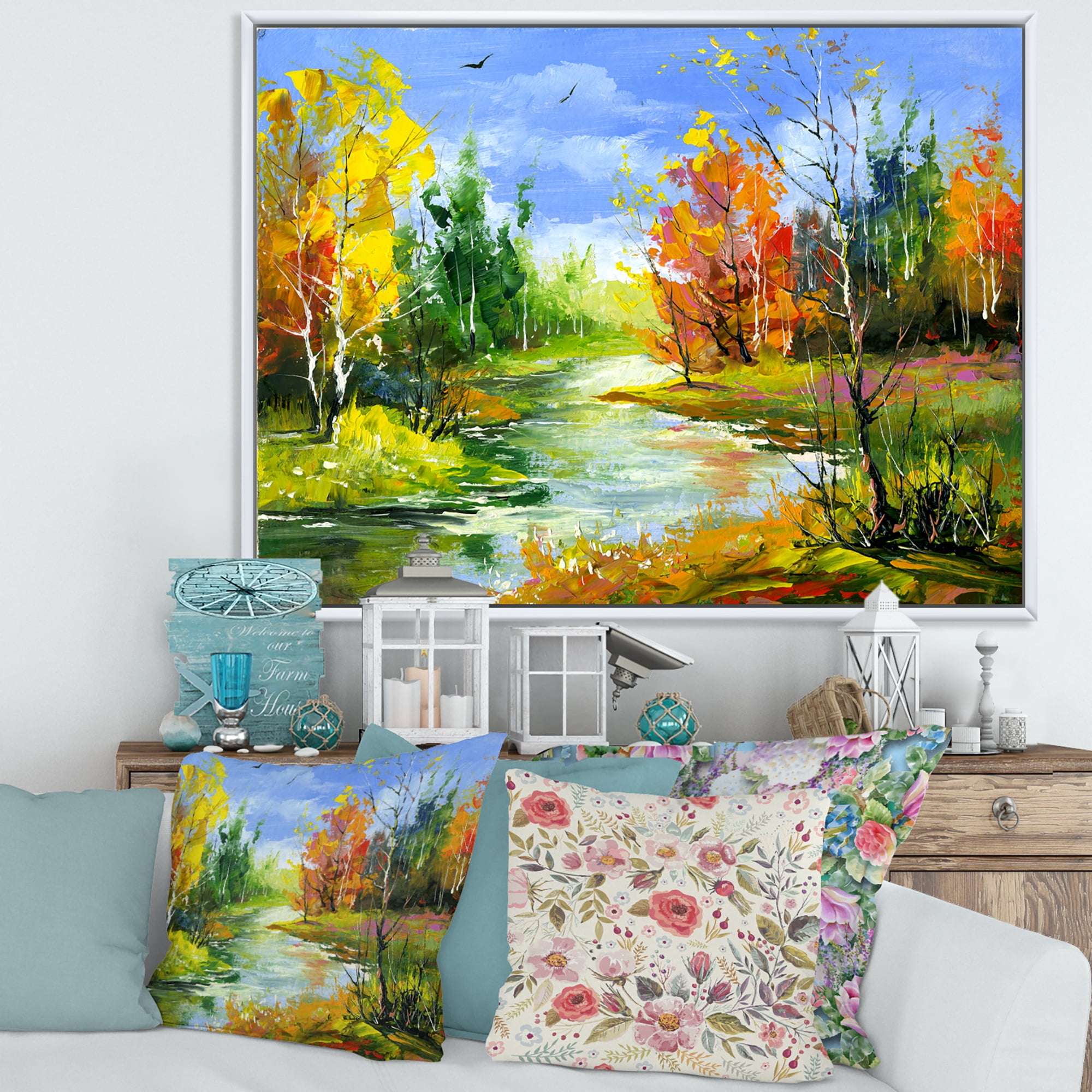 Designart 'Autumn Landscape With Forest and River' Lake House Framed Canvas Wall Art Print