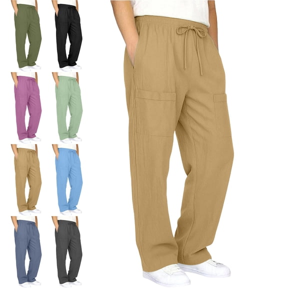 Lumosvexa Boys Cotton Linen Pants, Elastic Waist Quick Dry with Pockets Summer Casual Pants Yellow 10-12