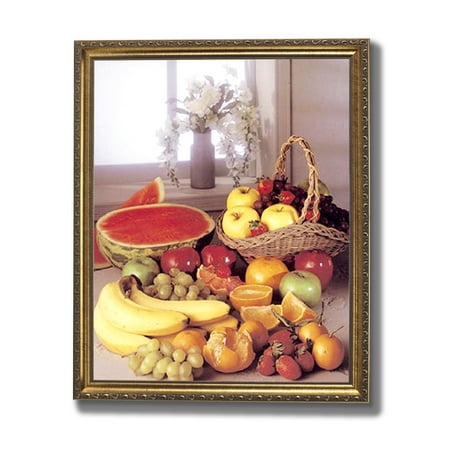 Gold Banana - Grapes Watermelon Apples Oranges Bananas Kitchen Wall Picture Gold Framed Art Print