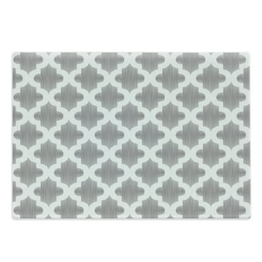 Grey and White Cutting Board, Damask Geometric Middle Eastern Effects Design Print, Decorative Tempered Glass Cutting and Serving Board, Large Size, Dimgrey White, by Ambesonne