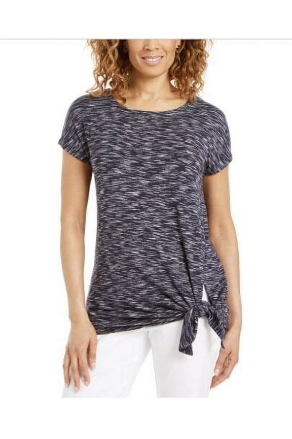 Women's Petite Side-Tie Top Short Sleeve Blue Pullover Size PL