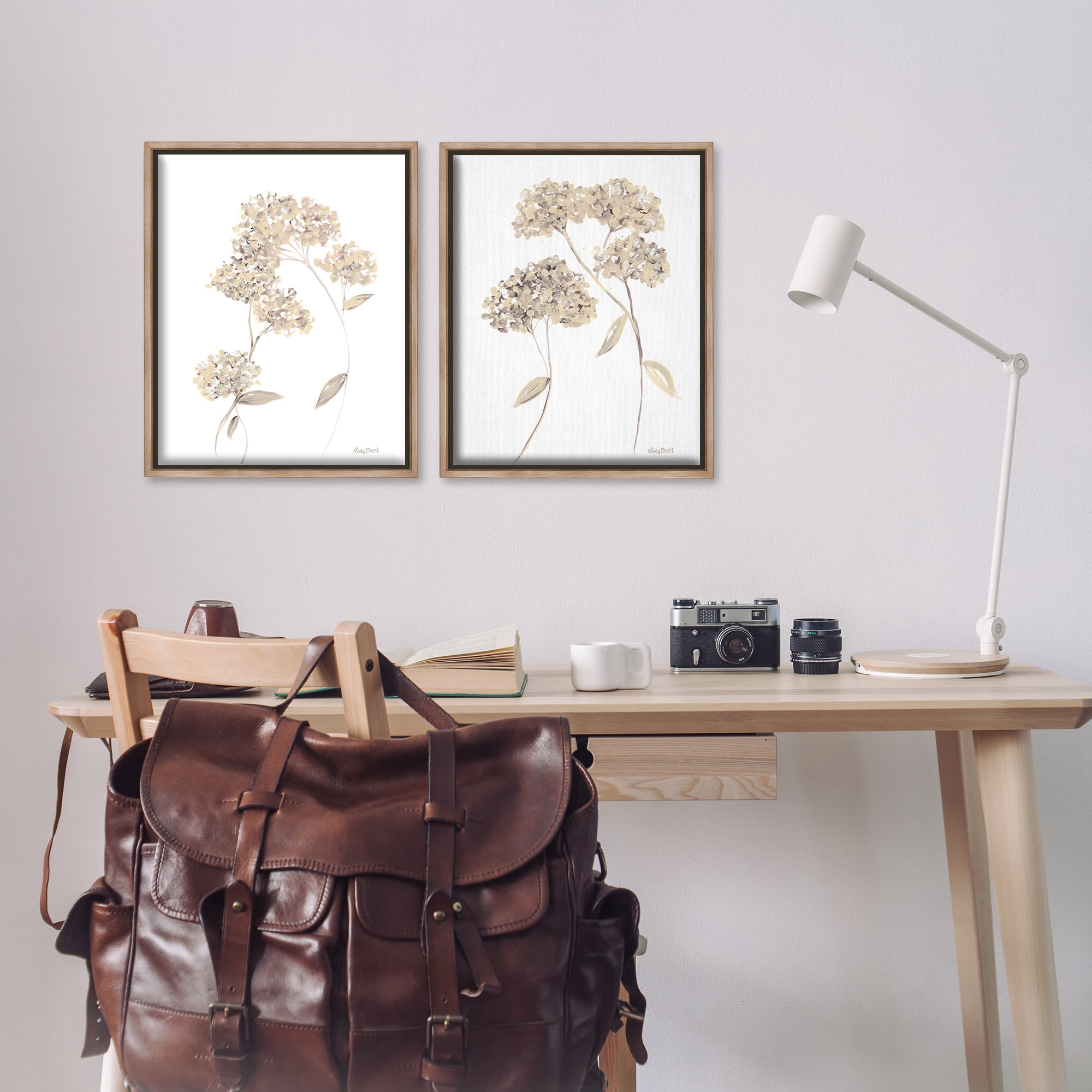 Stupell Industries Plain Beige Blossom Sprig Plants & Flowers Painting Brown Floater Framed Canvas Art Print Wall Art, 17 x 21, Set of 2