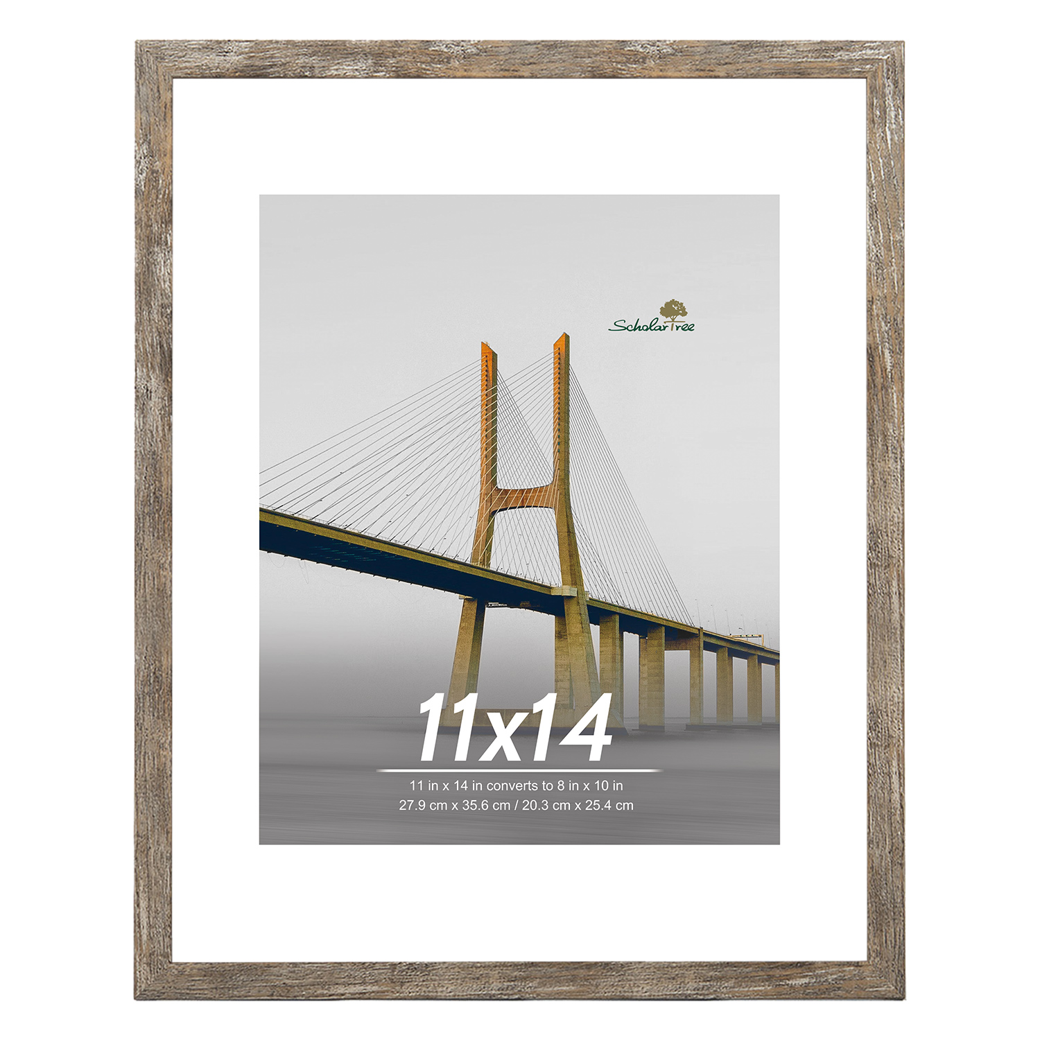 Scholartree 5-Pack Picture Frames, 8x10 with Mat & 11x14 Without Mat, Shatter-Safe Wall Gallery Set,Brown Oak