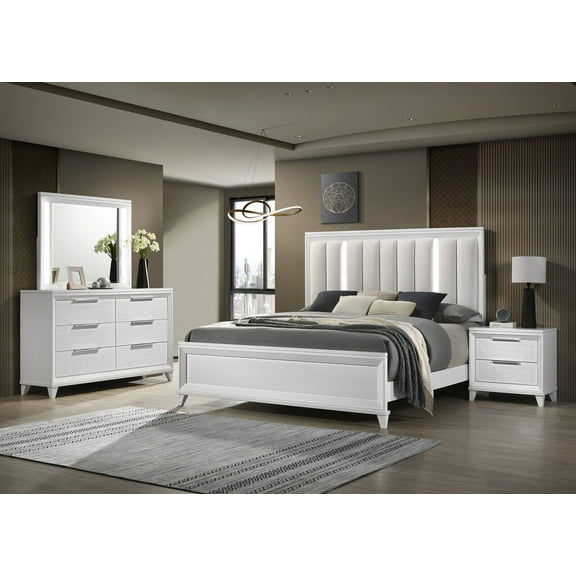 5Pc White Finish King Size Bedroom Set Built in Lighting HB Upholstered Bed Bedroom Furniture
