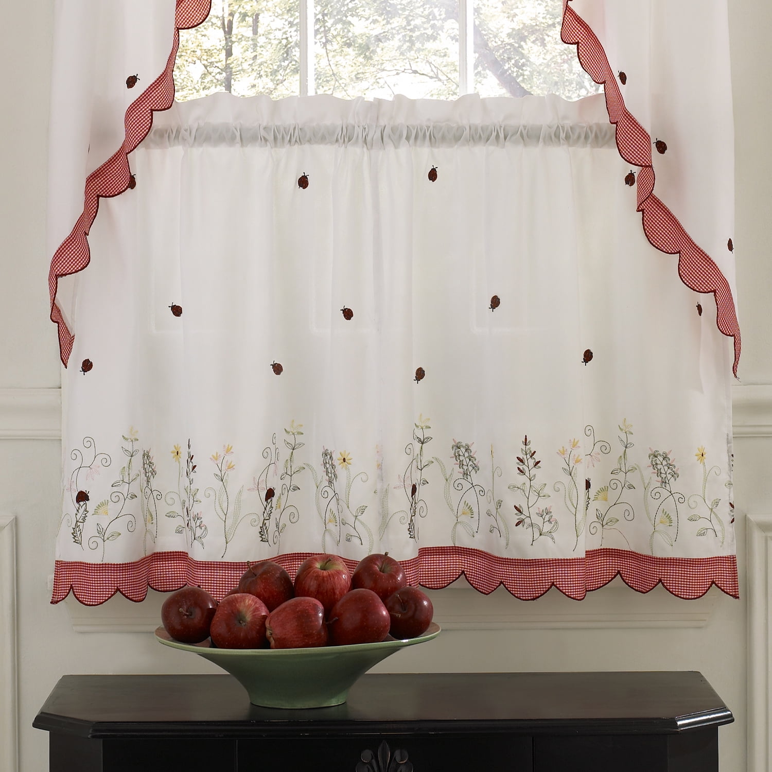 Embroidered Ladybug Meadow Kitchen Curtains 36 X 56 Tier Pair