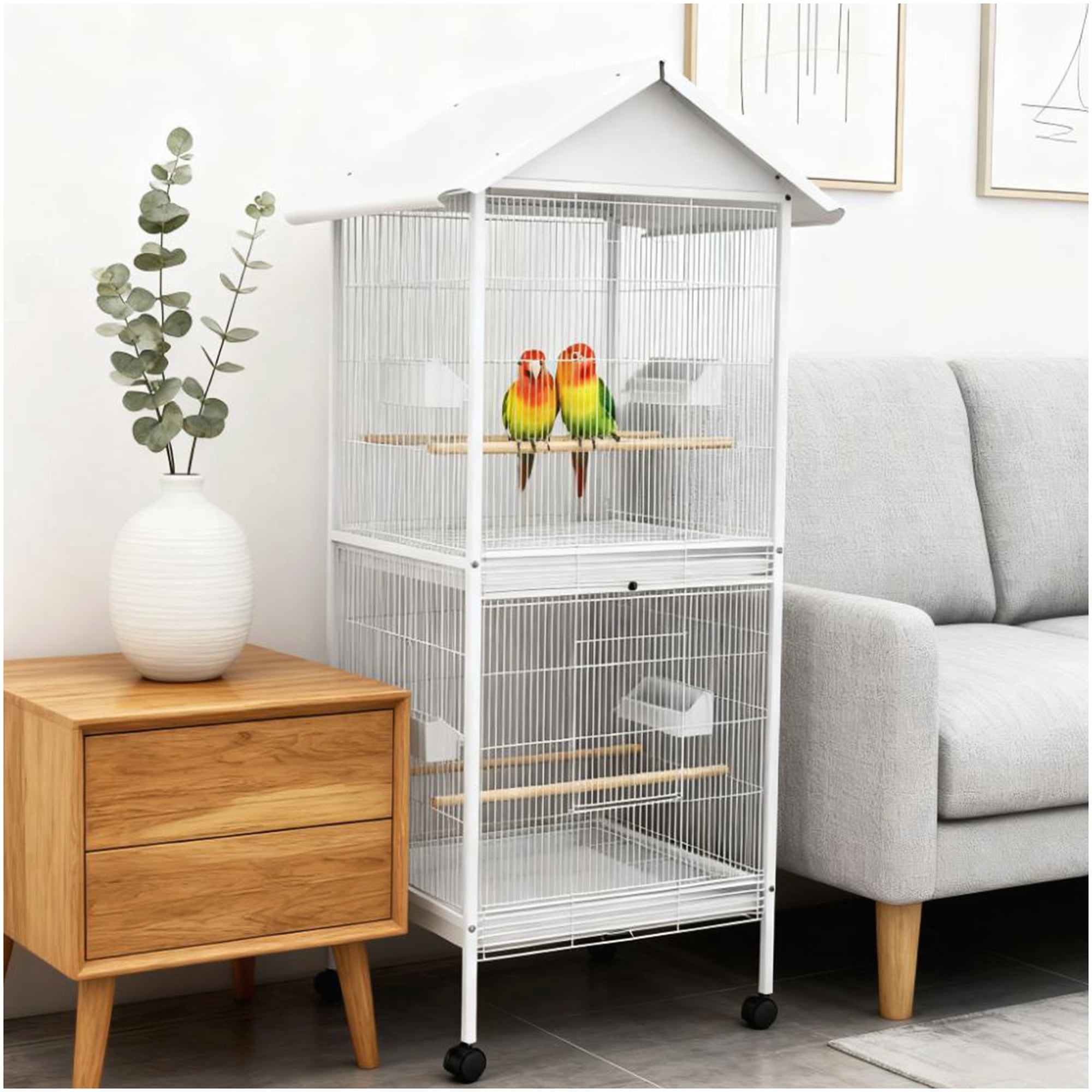 Spacious Metal Bird Cage with Rolling Stand, Sliding Doors, Food Cups and Wooden Perches for Parakeets, Cockatiels, Finches, White