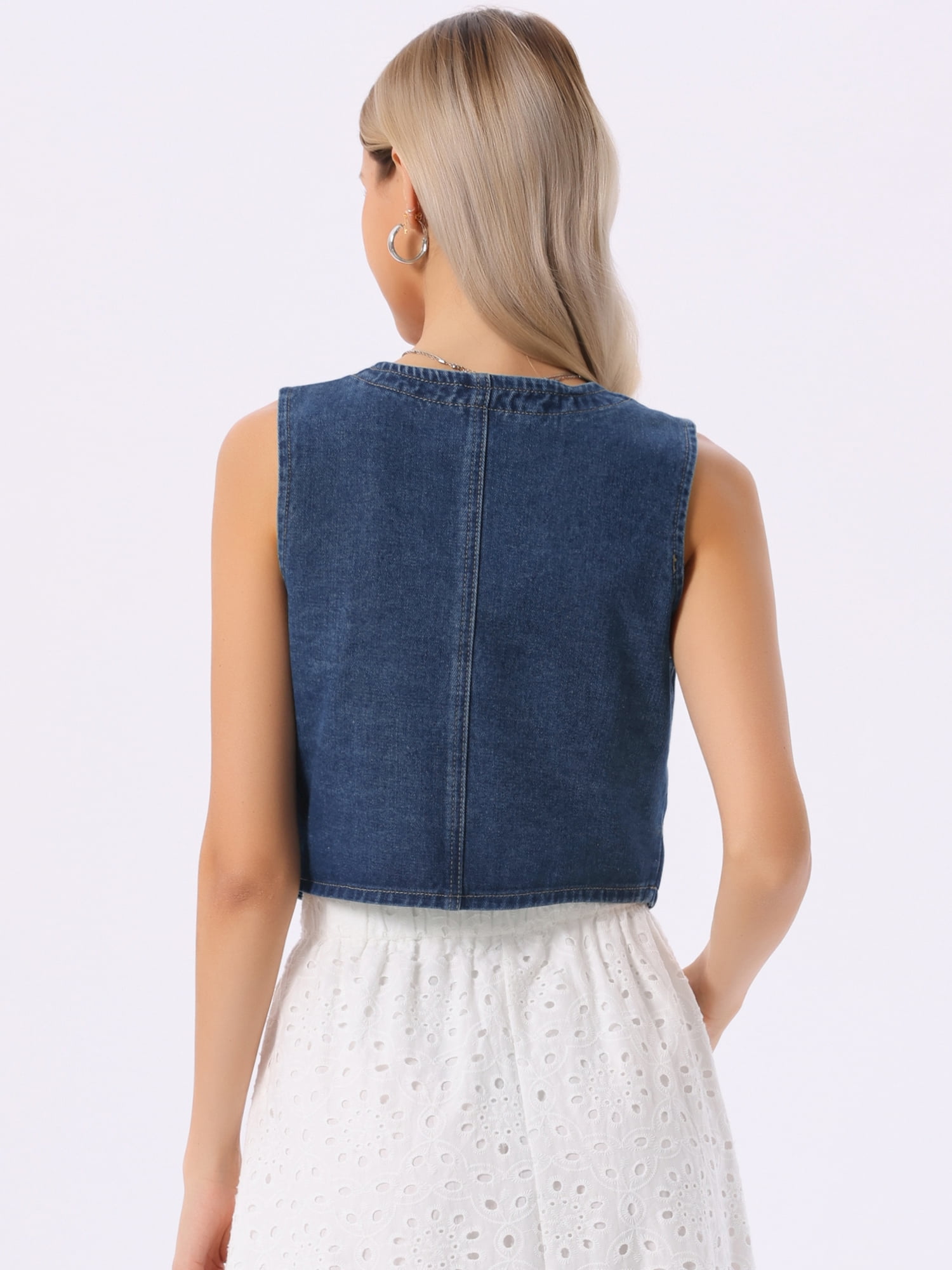 DARING DIVA Women's Denim Vest Sleeveless Button Down Cropped Waistcoat S Vintage Blue