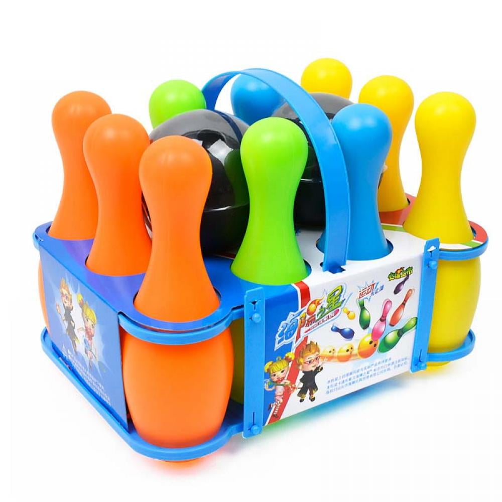 Matty's 10 Pin Multi-Color Deluxe Plastic Bowling Set for Kids w/Storage Rack 
