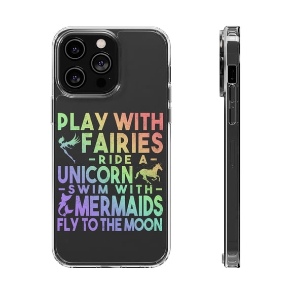 DistinctInk Clear Case for Apple iPhone 15 PRO (6.1" Screen) - Play With Fairs Ride Unicorn Mermaids Moon