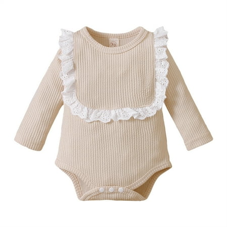 

Babibeauty Infant Newborn Baby Girl Clothes Lace Ruffle Romper Long Sleeve Bodysuit Beige 3-6M