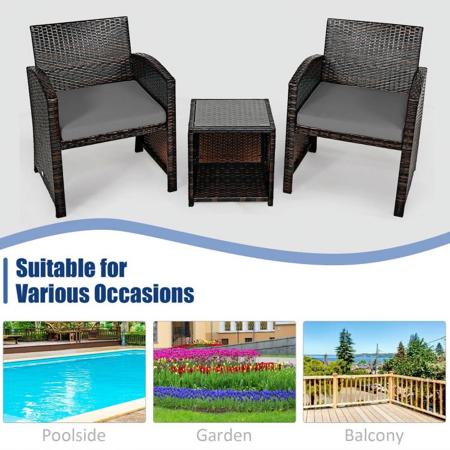 Aimee Lii 3 Pieces Patio Cushioned Wicker Conversation Set, Outdoor Sectional Set with with Glass Coffee Table, Gray Aimee Lii 3 Pieces Patio Cushioned Wicker Conversation Set, Outdoor Sectional Set with with Glass Coffee Table, Gray