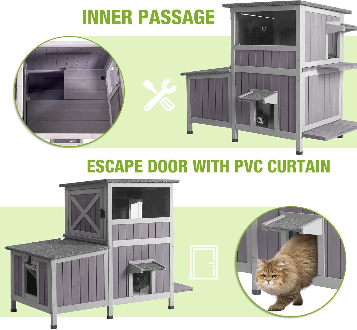 MEDEHOO Heated Cat House Outdoor Insulated Cat Cage with Heating Pad for Winter, Feral Kitty Shelter Waterproof Roof,23" D x 44" W x 34.5" H