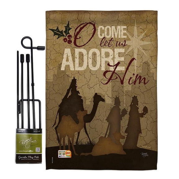 Breeze Decor BD-NT-GS-114111-IP-BO-D-US16-SB 13 x 18.5 in. Let Us Adore Him Winter Nativity Impressions Decorative Vertical Double Sided Garden Flag Set with Banner Pole