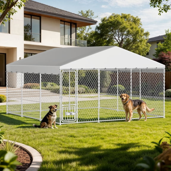 Dextrus 14.8×14.8×7.9FT Heavy Duty Outdoor Dog Kennel, Rotating Feeder Bowls & UV-Resistant Waterproof Cover, Yard Dog Enclosure for Medium Large Dogs
