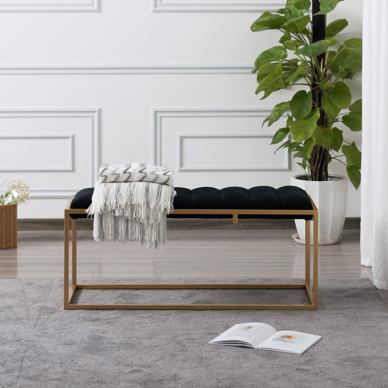 Kadyn Rectangular Velvet Ottoman, Modern Velvet Bench Ottoman with Metal Base, Upholstered Metal Tufted Footstool Bench for Bedroom, Black Kadyn Rectangular Velvet Ottoman, Modern Velvet Bench Ottoman with Metal Base, Upholstered Metal Tufted Footstool Bench for Bedroom, Black