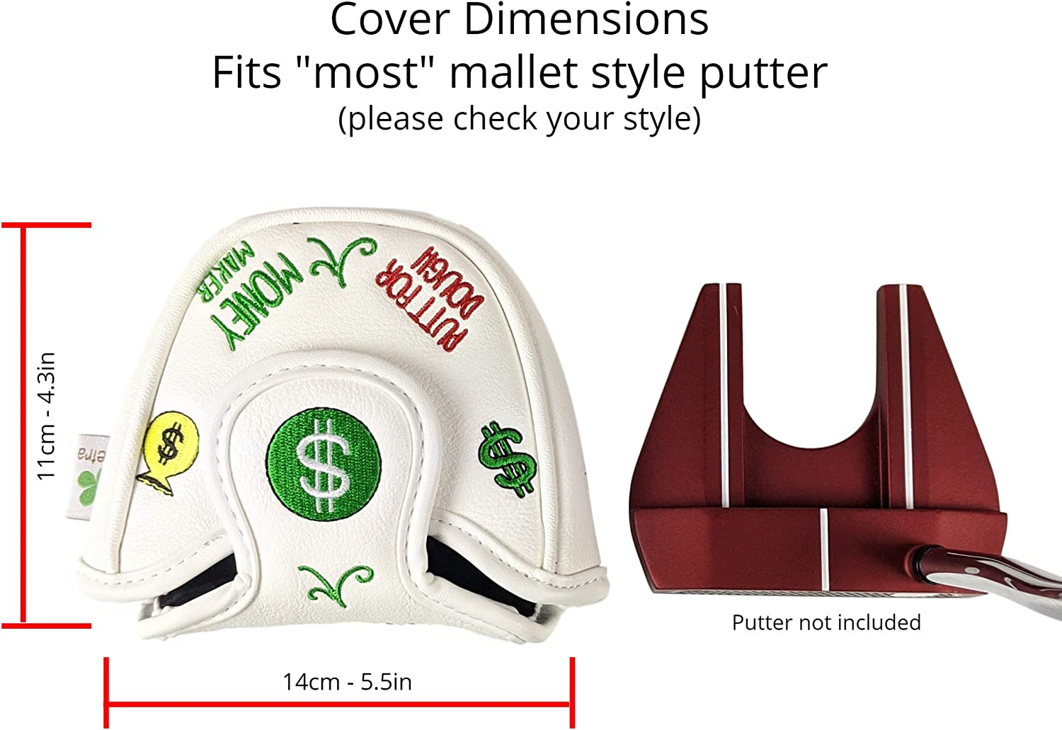 Foretra – Putt for Dough / Money Maker - White Golf Putter Headcover Quality PU Leather Magnetic Closure for Mallet Style Putters Like Scotty Cameron Odyssey TaylorMade Ping