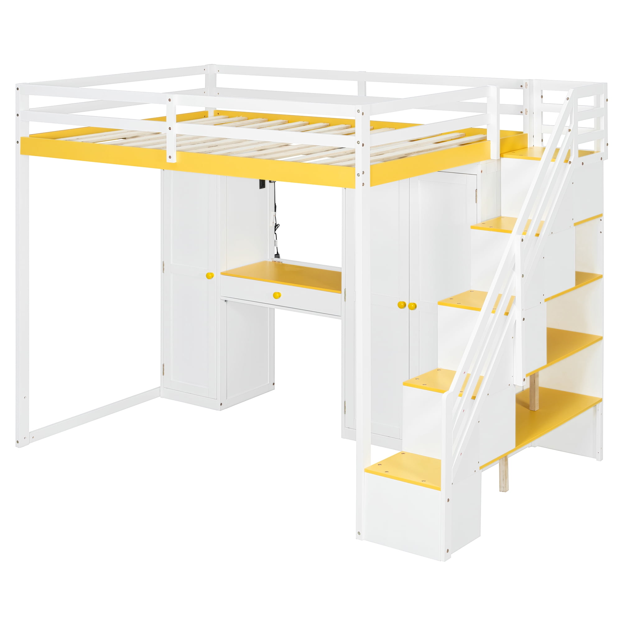 Mintazer Full Size Princess Loft Bed Built-in Dressing Table with Vanity Mirror, Wardrobe, Storage Staircase, Drawer, LED Lights & Charging Station for Girls, White & Yellow