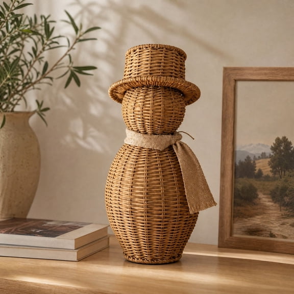 Clearance Gunhay Handcrafted Woven Wicker Snowman Figurine, 11" Rustic Christmas Holiday Decor for Tabletop, Mantel & Winter Home Display