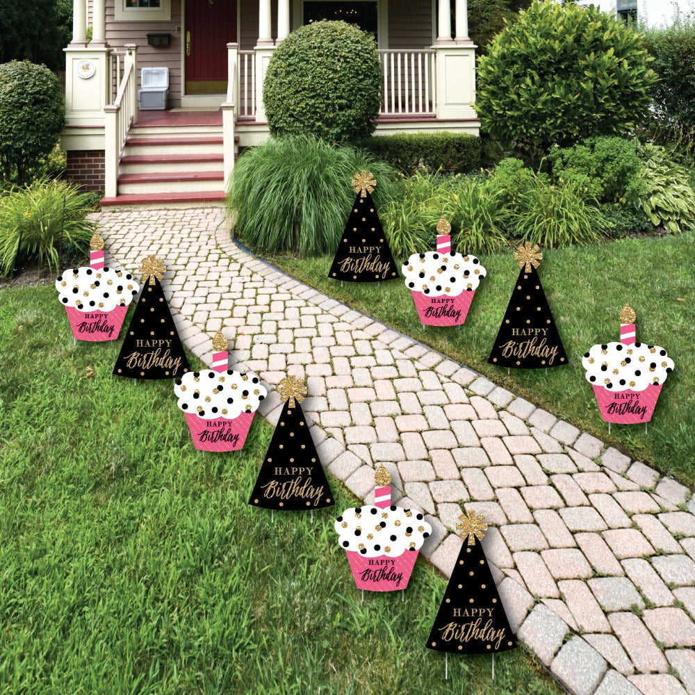 Chic Happy Birthday - Pink, Black and Gold Lawn Decorations - Outdoor