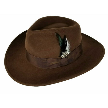 Men's 100% Crush-able Wool Felt Indiana Jones Cowboy Outback Western Fedora Hats With Feather Brown