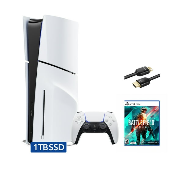 PlayStation 5 Slim Disc Edition Bundle with Battlefield 2042 and Mytrix 8K HDMI2.1 Cable - PS5, White