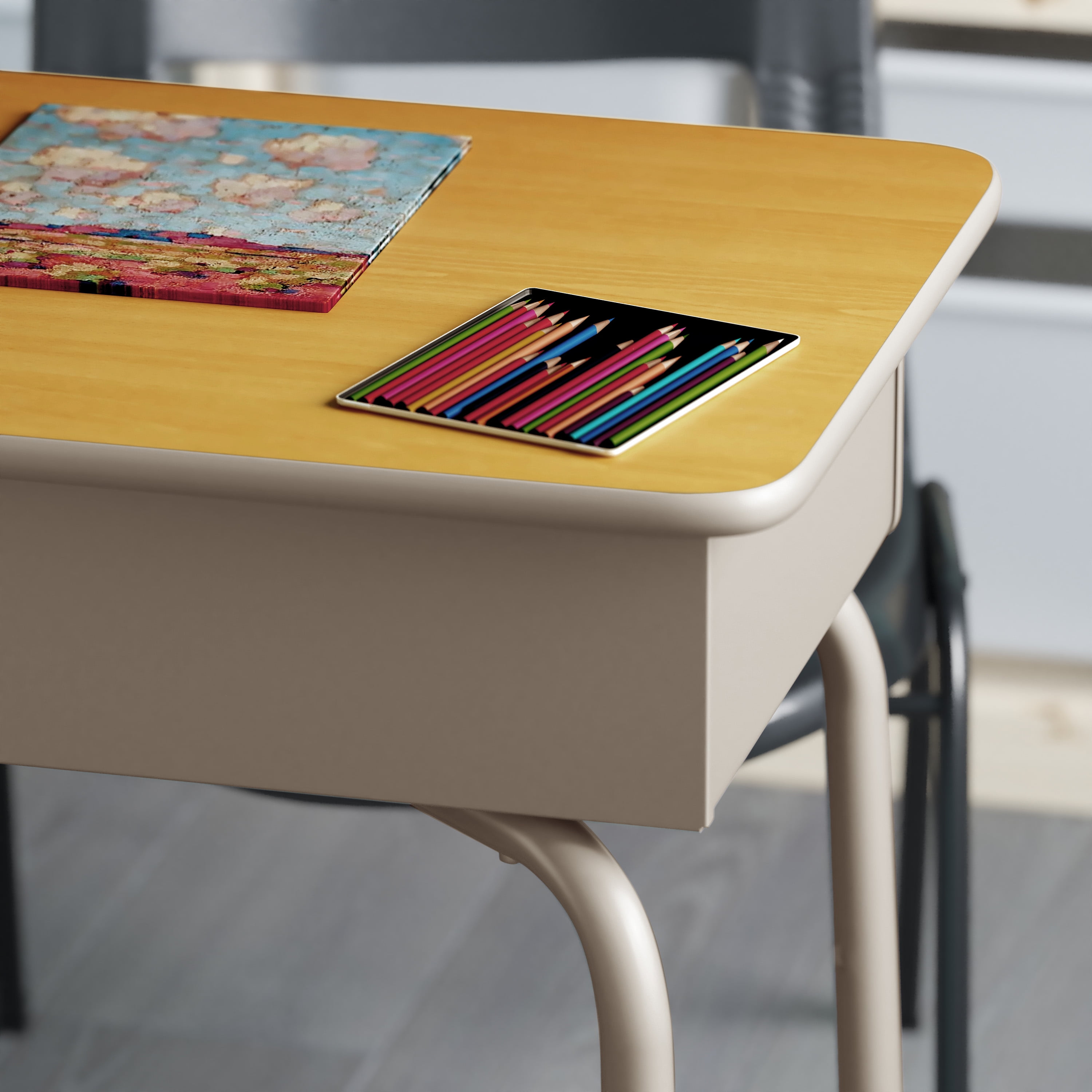 Emma + Oliver Triangular Natural Collaborative Adjustable Student Desk - Home and Classroom