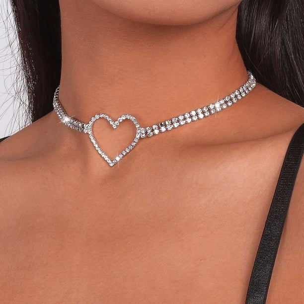 Jinsinto Rhinestone Choker Necklaces Silver Heart Necklace Chain