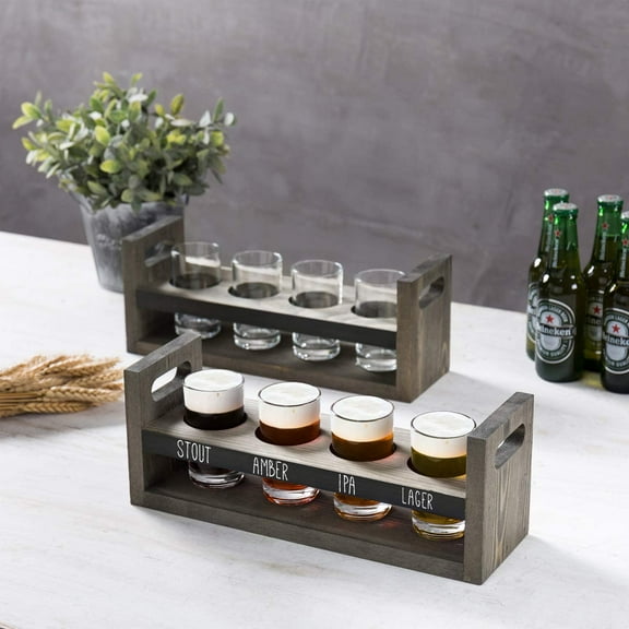 MyGift Vintage Gray Wood Beer Flight Sampler Serving Tray with 4 Tasting Glasses, 2 Piece