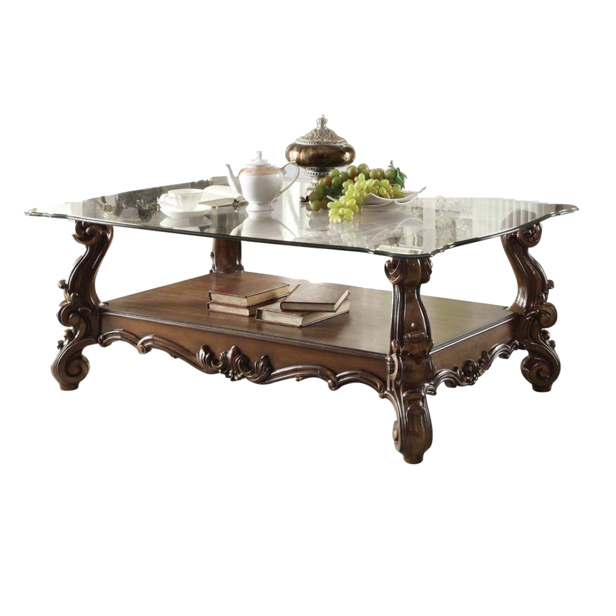 Traditional Style Wooden Coffee Table with Beveled Edge Glass Top