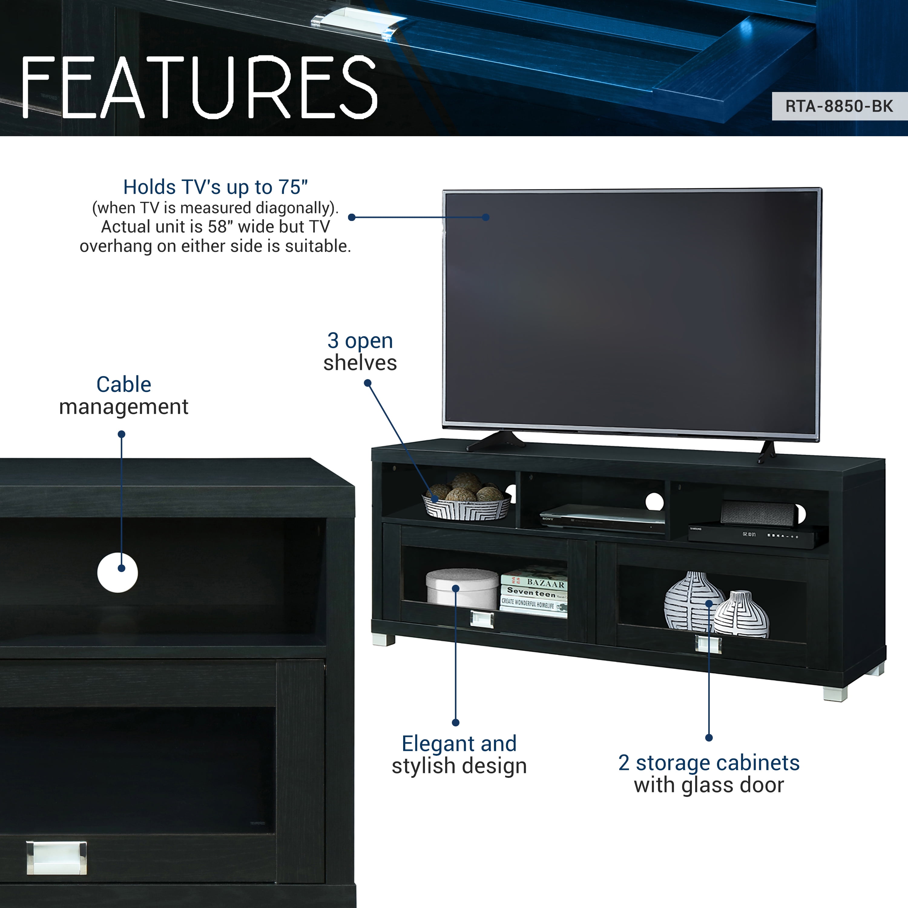 Techni Mobili 58" Durbin TV Stand for TVs up to 75", Black