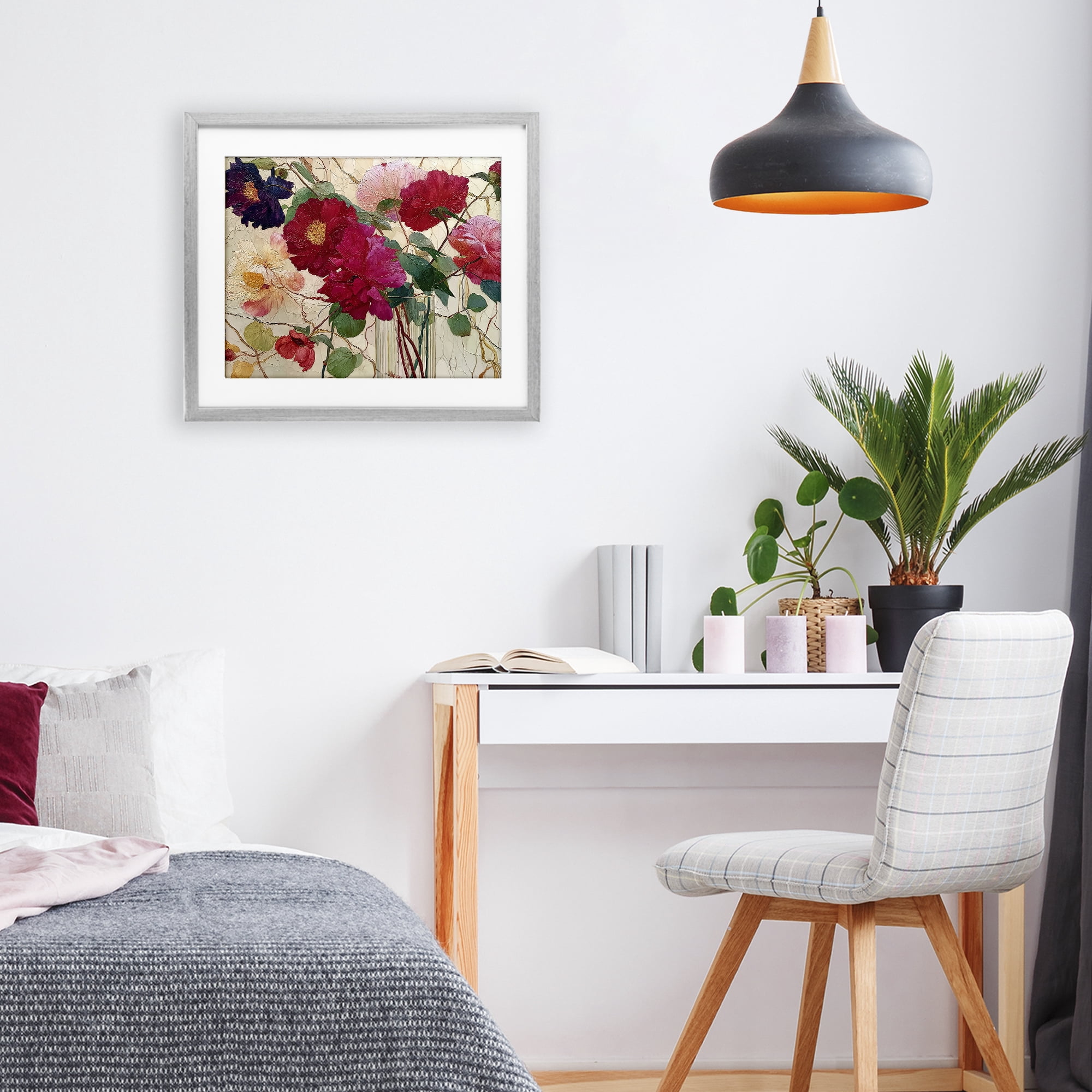 Haiku Flower Vase Gray Framed Print Under Glass, design by Annabelle Hall
