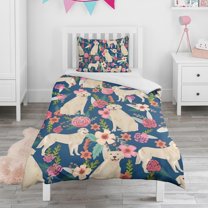 Golden Retriever Dog and Flower Duvet Cover and Pillowcase Set for Single Bedding, Bedroom Accessories for Kids Teens