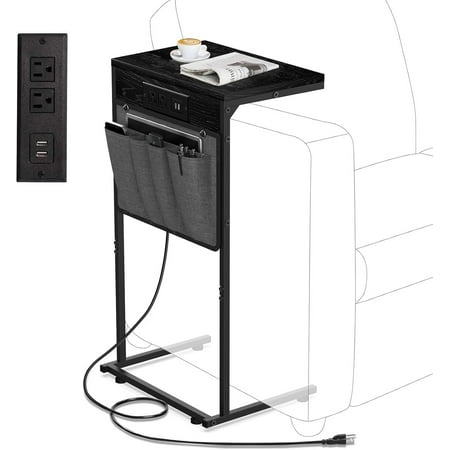 C Shaped End Table with Charging Station Small Couch Side Table with Storage Bag Power Outlet and USB Sturdy Slide Under Sofa Table with Metal Frame for Living Room & Bedroom Ebonized Oak
