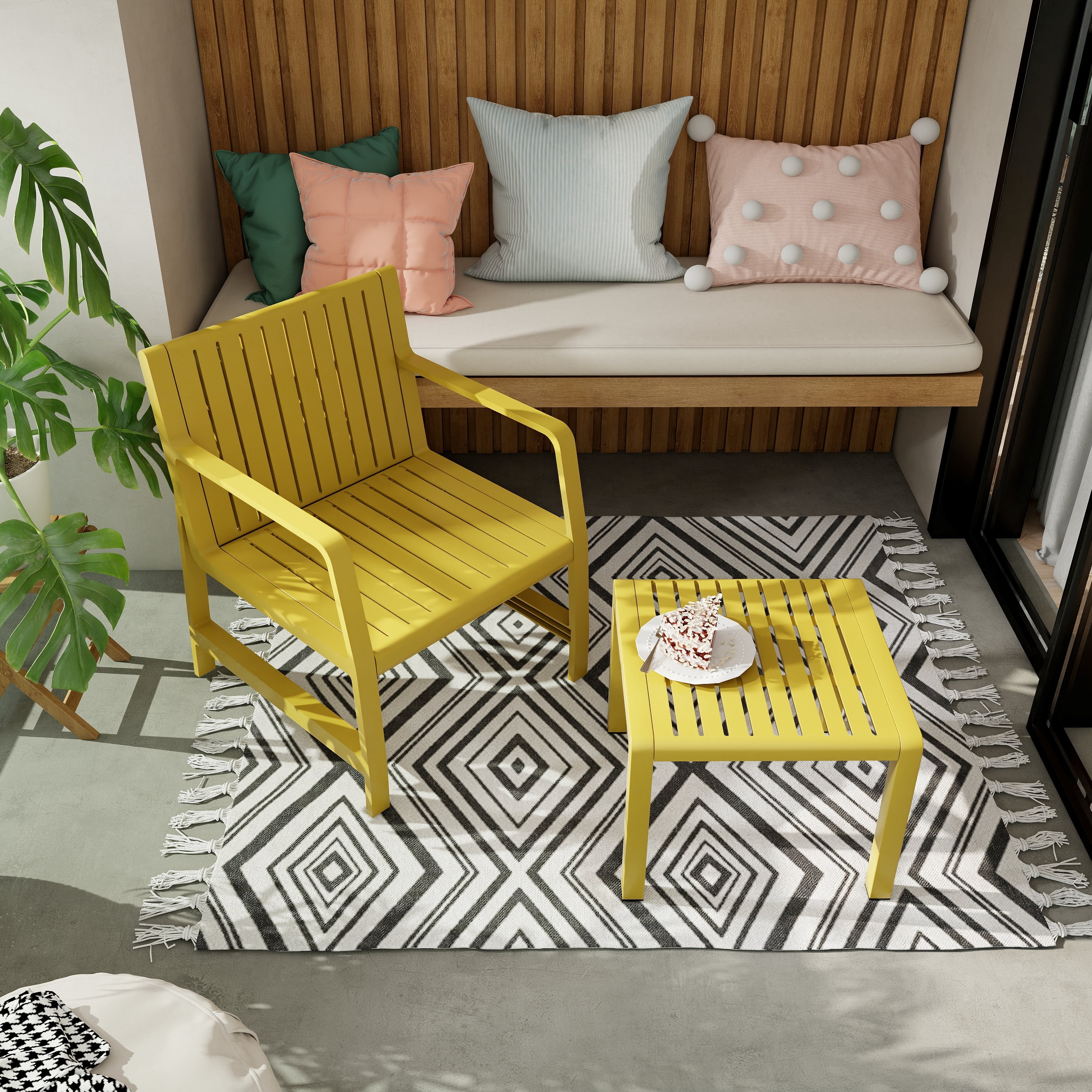 Patio Furniture Set, 2 Piece PP Material Chair Table Combo for Garden Balcony Yard, Yellow