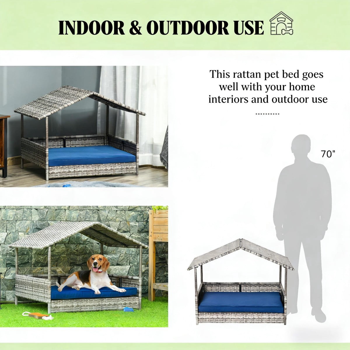 ENNSOO Rattan Dog House with Canopy, Durable PE Rattan Construction, Elevated Base, Removable Cushion, Indoor and Outdoor Use