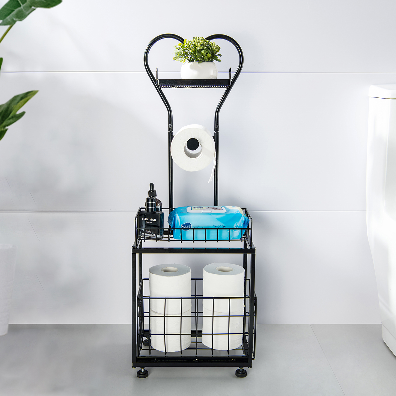 Freestanding Toilet Paper Holder, Drawer Style Storage Compartment, with Storage Shelf Reserve for Phone Tablet Magazine Bathroom Organizer (Black)
