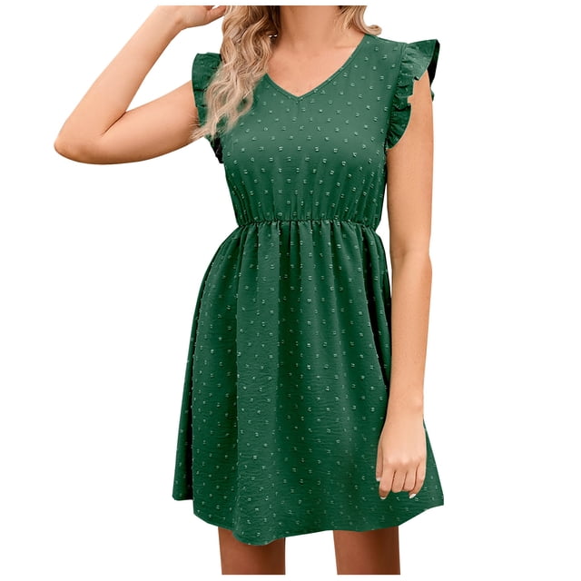 AherBiu Boho Dresses for Women Ruffle Shoulder Dotted V Neck Elastic Waist Ruched Flowy Short Dress