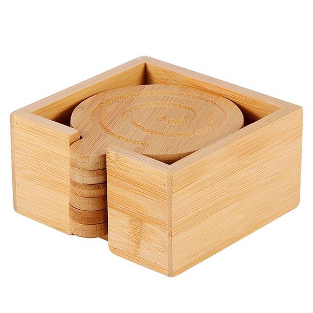 De Bambú Con Caja De Almacenamiento De Madera Resistente Al Calor Posavasos Antideslizantes Para Bebidas Posavasos Redondos De Madera 9,5 Cm/3,7 Pulgadas 6 Posavasos Monstrate HA013123-00