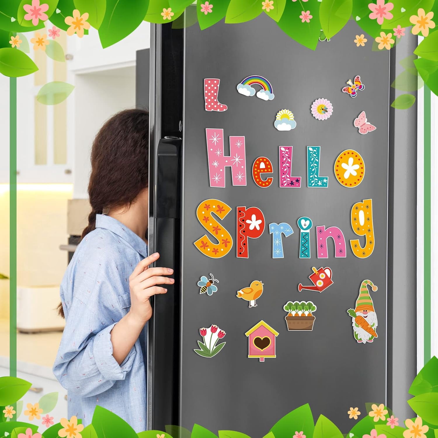 26 Pieces Spring Garage Door Decorations Magnets Hello Spring Garage Magnetic Stickers Flowers Birds Refrigerator Car Decals Spring Season Decor Holiday Magnets for Spring Car Garage Decor